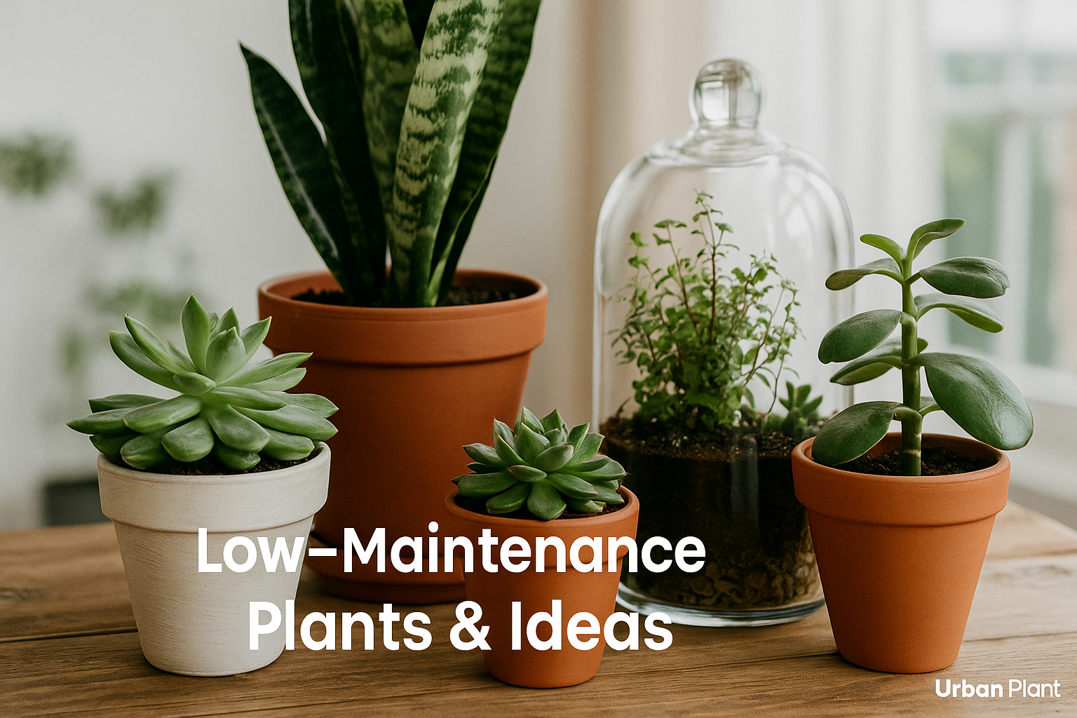 Low-maintenance plant ideas by Urban Plant featuring succulents, jade plant, snake plant, and a terrarium on a wooden table for easy indoor gardening